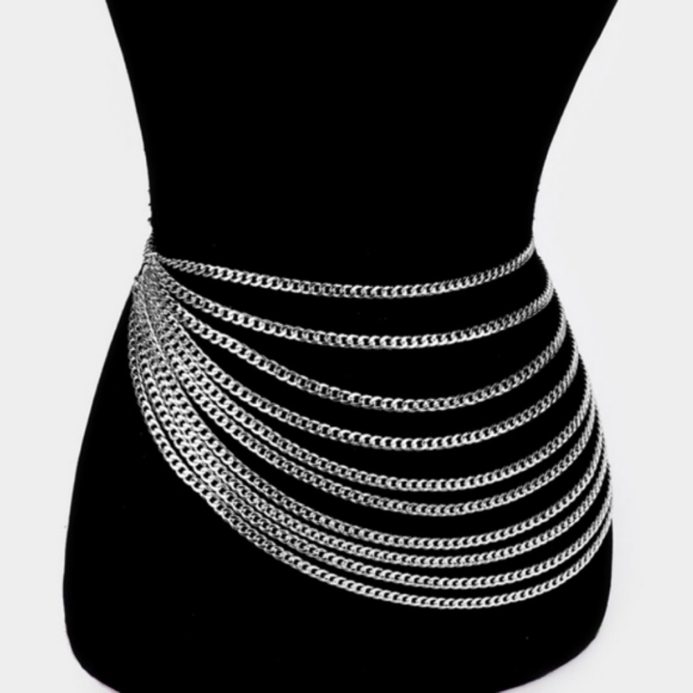 Silver Multi Layered Strand Metal Link Chains Belt Fashion Statement Accessories